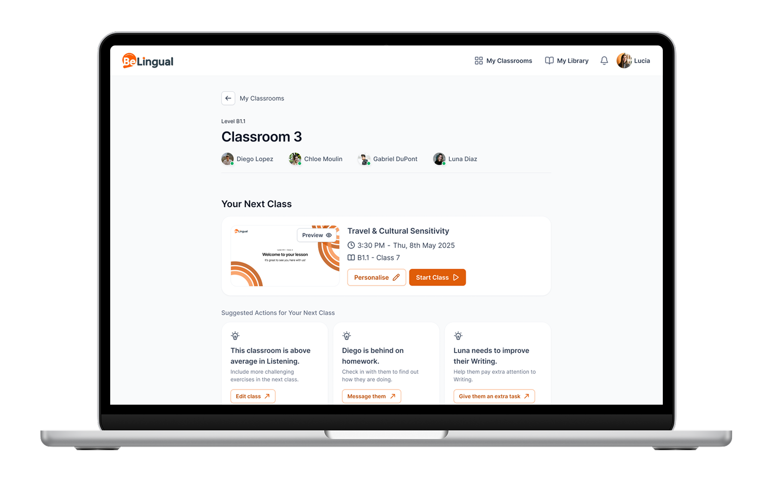 BeLingual dashboard mockup